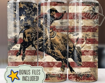 May include: A sublimation design featuring a cowboy riding a bucking bull against a distressed American flag background. The design is perfect for creating custom tumblers, mugs, or other personalized items.