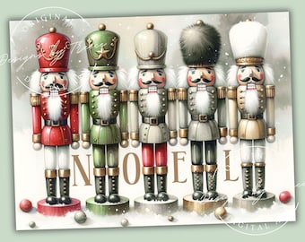 Könnte beinhalten: Aquarell-Illustration von fünf Spielzeug-Nussknackern in einer Reihe, jeder mit einer einzigartigen Uniform und Mütze. Die Nussknacker sind in Rot-, Grün- und Beigetönen gehalten, mit goldenen Akzenten. Das Wort "NOEL" ist in Gold geschrieben. Schneeflocken und Kugeln sind verstreut.