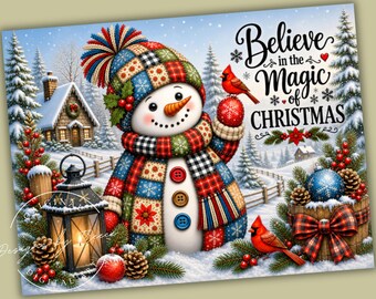 Believe in Christmas Patchwork Snowman Cardinal Glass Cutting Board PNG Winter Farmhouse Digital Download