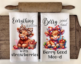 Highland Cow Strawberries - Country Kitchen Hand Towel Apron Sublimation Bundle - PNG Graphic Designs - Instant Digital Download