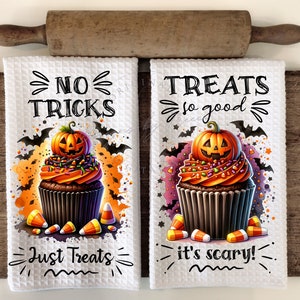 No Tricks Just Treats Pumpkin Halloween Cupcake Kitchen Hand Towel Apron Sublimation Bundle PNG Graphic Designs Instant Digital Download