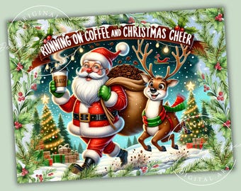 Santa Coffee Kitchen Glass Cutting Board Sublimation Design: Christmas Kitchen PNG (Digital Download)