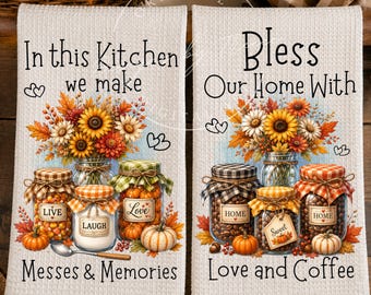 Fall Kitchen Towel Bundle PNG, Autumn Glass Country Jar Sublimation Designs, Farmhouse Harvest Design, Coffee Candy Corn Digital Download