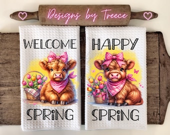 Highland Cow Easter Tulips Kitchen Towel Apron Sublimation Design (Digital Download)
