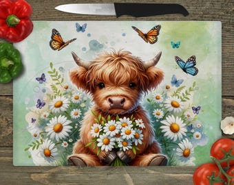 Highland Cow Butterfly Floral, Kitchen Glass Cutting Board Digital Sublimation PNG File, Instant Download