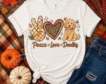 Peace Love Doodles Maglietta autunnale PNG Leopardo autunnale a quadri Sublimazione Download digitale