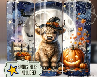 Envoltura para vaso de Halloween con diseño de vaca de las Tierras Altas: Descarga digital por sublimación PNG de cielo estrellado