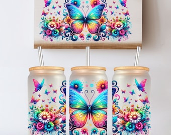 Neon Butterflies Flowers Spring Summer Floral, UV DTF 16 oz Glass Can Tumbler Sublimation Design Instant Digital PNG Download Glass Jar