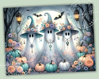 Ghost Friends Kitchen Glass Cutting Board PNG Sublimation Design: Halloween Pumpkins Digital Download