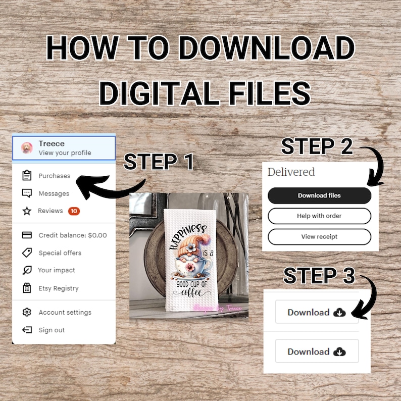 May include: A step-by-step guide on how to download digital files, with screenshots and arrows. The guide includes instructions on finding purchases, downloading files, and a decorative towel with a gnome and the text "Happiness is a good cup of coffee."