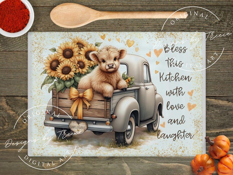 May include: A decorative kitchen cutting board featuring a light gray vintage truck carrying sunflowers and a fluffy calf. The truck bed has a wooden design with a gold bow. Text reads "Bless this Kitchen with love and laughter."