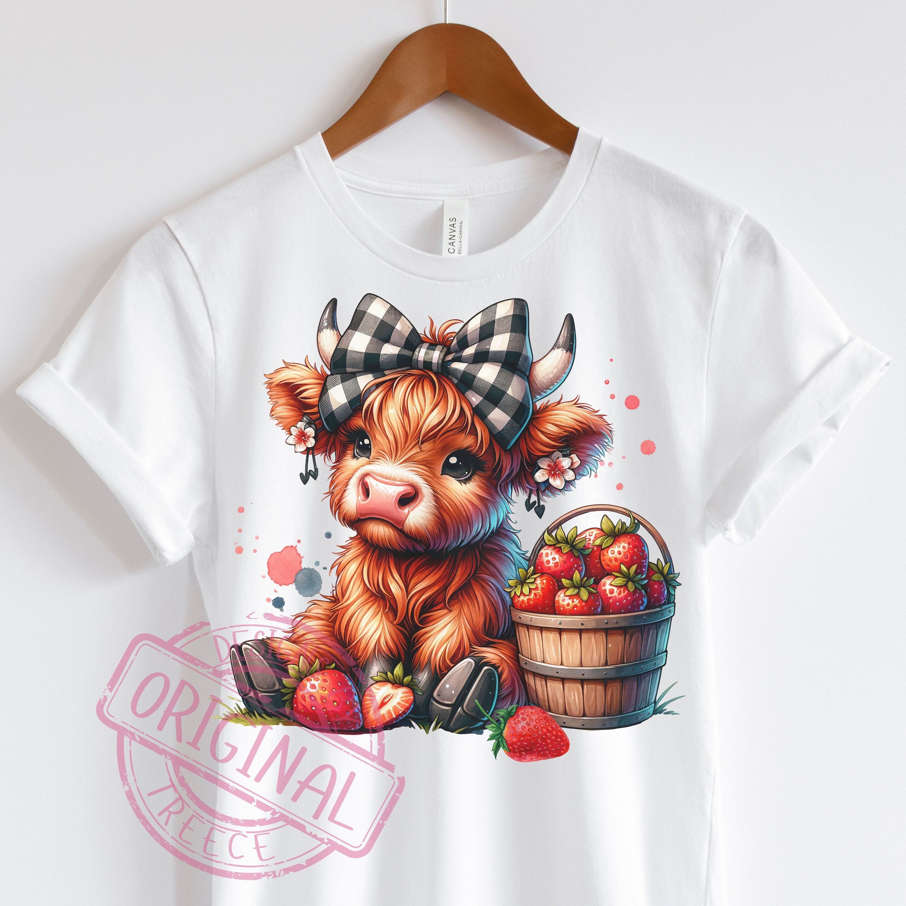 Highland Cow Strawberry Black Check Bow Summer Graphic Design | Colorful Whimsical Instant Digital Download PNG, for Tshirts, Mugs, Totes