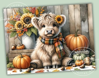 Highland Cow Kitchen Glass Sublimation Cutting Board Design Autumn Pumpkin Sunflower Watercolor (PNG Digital Download 16x12 inches)