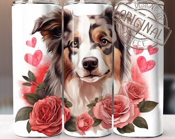 Disegno floreale con cane da pastore australiano / Bicchiere sottile da 20 once con lato dritto / Sublimazione / Download digitale PNG istantaneo 001