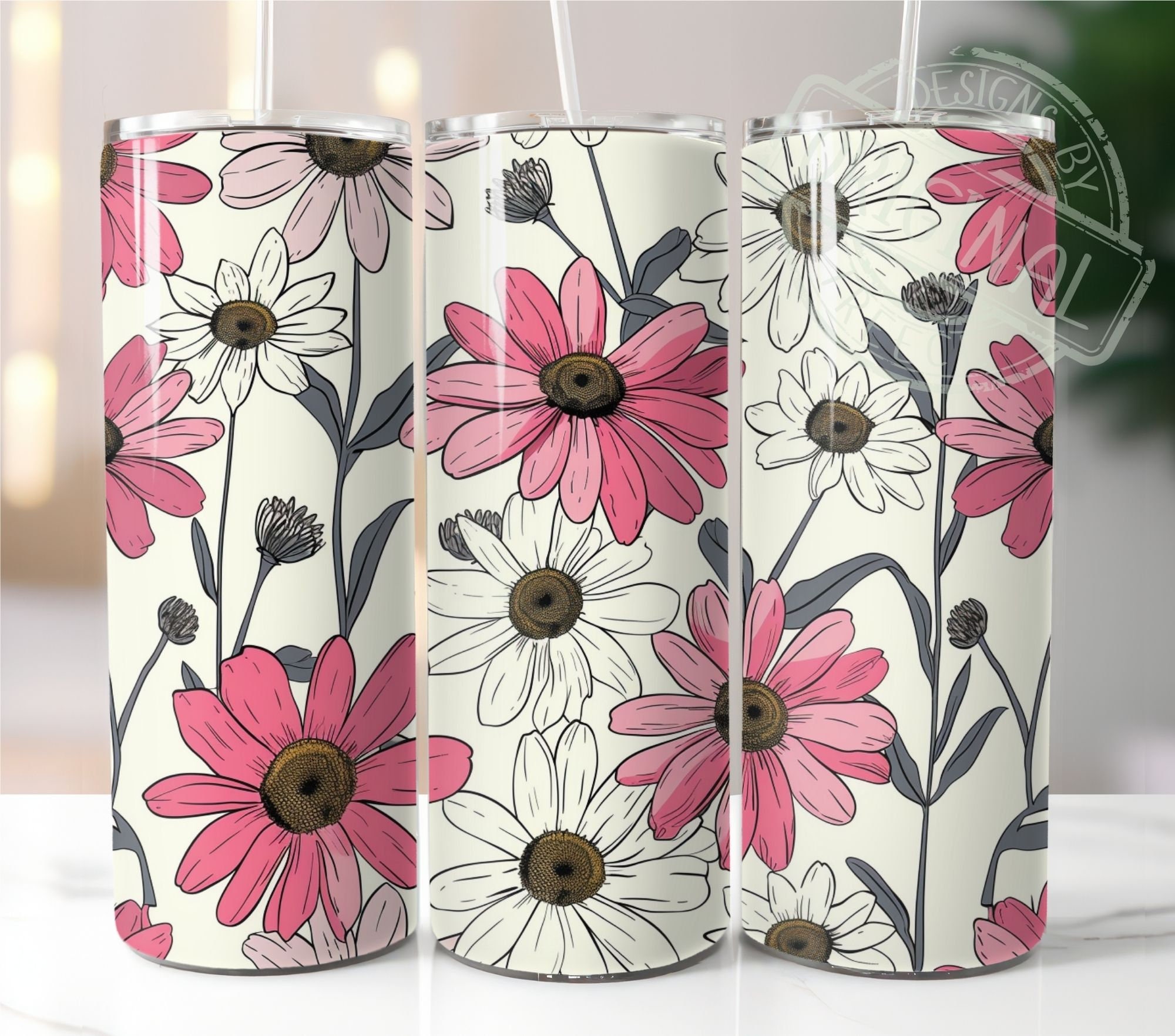 Seamless Pink Drawing Daisies Floral 20 Oz Skinny Floral Tumbler Wrap ...