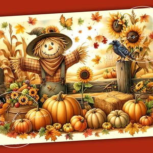 May include: A digital illustration of a fall harvest scene. A smiling scarecrow stands in a field with pumpkins, sunflowers, and falling leaves. A crow perches on a wooden post. The scene evokes autumn.