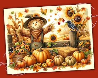Happy Scarecrow Fall Glass Kitchen Board PNG Design | Autumn Farmhouse Pumpkin Patch Sublimation | Digital Download