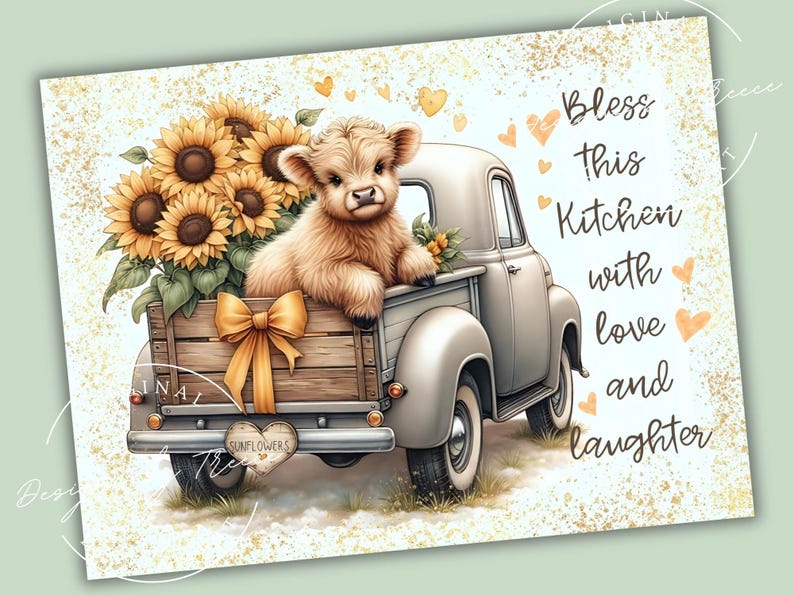 May include: A charming illustration features a fluffy calf in the bed of a vintage truck filled with sunflowers. The truck has a wooden bed and is adorned with a large orange bow. Text reads "Bless this Kitchen with love and laughter."