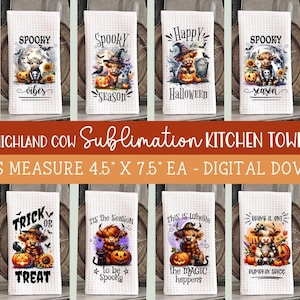 12 Halloween Highland Cow Towel Sublimation - Kitchen Towel Designs - Trick or Treat, Spooky, Autumn, Fall PNG Design Bundle