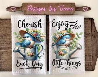 Bluebird Watering Can Floral Kitchen Towel PNG Sublimation (Digital Download)