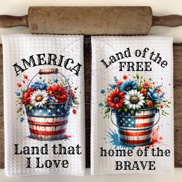 Patriotic Rustic Country Prim Bucket Americana Floral Kitchen Towel Apron Sublimation Bundle - Graphic Designs - Instant Digital Download