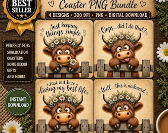 Pacchetto di sottobicchieri con mucca delle Highlands in formato PNG, citazioni divertenti sulle mucche, design di mucche in stile rustico, mucca margherita in sublimazione, simpatici animali in formato PNG, decorazioni per la cucina in stile country