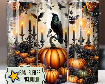 Halloween Pumpkin Crow Tumbler Wrap: Spooky Floral Design (PNG Digital Download)