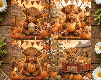 Pumpkin Patch Baby Highland Cow Autumn Farmhouse Coaster Bundle Sublimation PNG