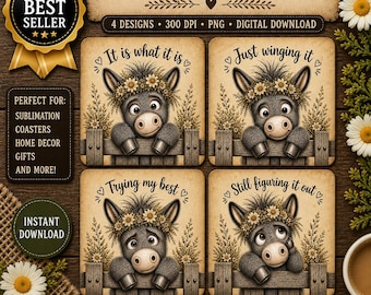 Donkey Coaster PNG Bundle, Funny Farmhouse Donkey Designs, Rustic Animal Sublimation PNG, Neutral Country Decor, Digital Download