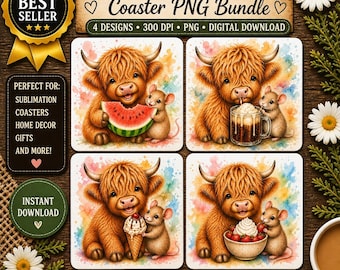 Highland Cow Summer Friends Coaster Design Bundle Set, Sublimation File, PNG Digital Download