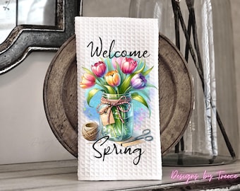 Delantal de cocina con diseño digital de sublimación "Bienvenidos a la primavera" con tulipanes