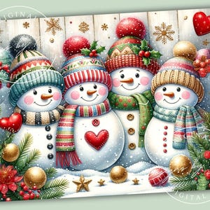 May include: A charming illustration depicts four snowmen with rosy cheeks, adorned with vibrant hats and scarves. Each snowman has a carrot nose and button eyes. Festive decorations include heart-shaped ornaments, gold baubles, and a wooden fence background. Snowflakes enhance the wintery scene.