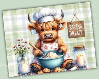 Highland Cow Baking Therapy PNG, 16x12 Glass Cutting Board Design, Kitchen Cow Sublimation, Digital Download