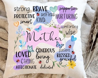 Mother&#39;s Day, Mom Pillow Cover Design Watercolor Flowers, Butterflies, Ladybugs PNG Graphic Instant Digital Download