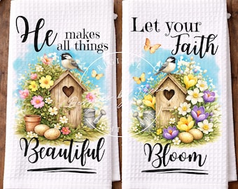 Pacchetto di asciugamani Faith Birdhouse PNG, design floreale primaverile cristiano per la cucina, sublimazione religiosa