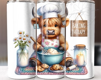 Terapia de repostería Highland Cow / Chef panadero - Galletas / Envoltorio para vaso de 20 oz / Diseño gráfico de frasco de vidrio / Descarga digital PNG instantánea