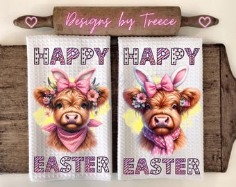 Easter Highland Cow with Bunny Ears Kitchen Hand Towel Apron Sublimation Bundle PNG Graphic Designs Instant Digital Download