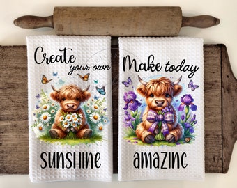 Highland Cow Flowers Inspirational - Country Kitchen Hand Towel Apron Sublimation Bundle - PNG Graphic Designs - Instant Digital Download