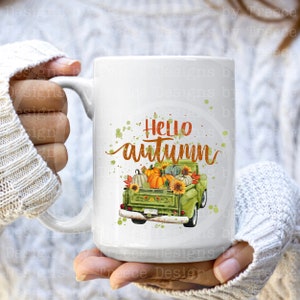 Hello Autumn Farmhouse Truck, Fall Season Digital Download PNG File, Sublimation, Pumpkins, Sunflowers, Tote Bags, Mugs, Tshirts and more