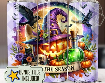 Envoltura de vaso de calabaza de Halloween espeluznante: Jack O'Lantern, poción, murciélagos PNG, descarga digital