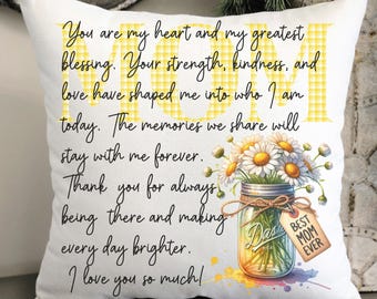Mother&#39;s Day Pillow Cover: Watercolor Daisies, Letter to Mom (PNG Digital Download)