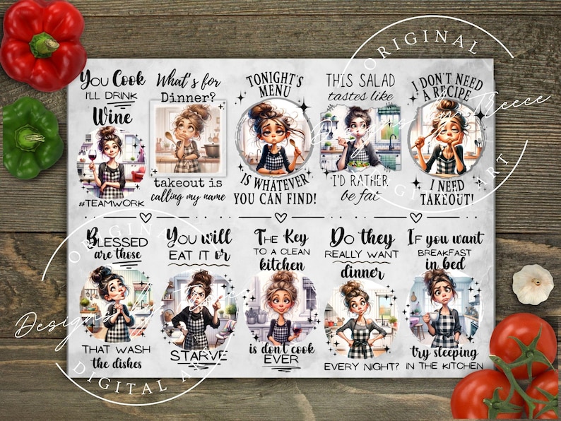 May include: A kitchen-themed print featuring illustrations of a woman and humorous quotes. Phrases include "You Cook I'll Drink Wine" and "I Don't Need a Recipe I Need Takeout!" The print has a decorative design.