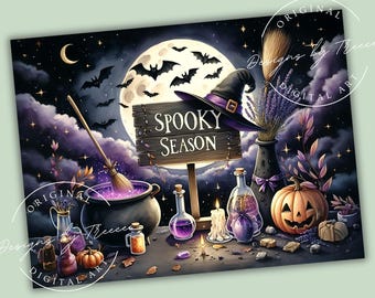 Witch Cauldron Kitchen Glass Cutting Board Sublimation Design: Spooky Halloween PNG (Digital Download 16x12 inches)