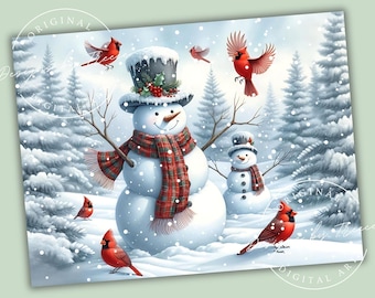 Winter Wonderland Kitchen Glass Cutting Board Snowman & Cardinal Sublimation Design (PNG Digital Download)