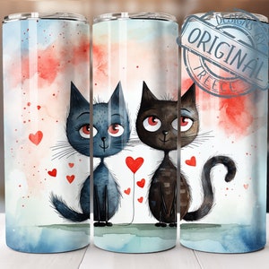 Skurrile verliebte Katzen, lustige Grafik der Karikatur, Valentinsherzen, 20 Unzen geradliniges Tumbler Wrap Design, sofortiger PNG digitaler Download