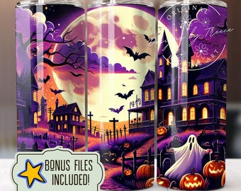 Vaso delgado de 20 oz con diseño de casa embrujada sin costuras, diseño de sublimación, descarga digital instantánea, Halloween