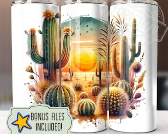 Tumbler sottile floreale da 20 oz con scena di tramonto nel deserto e cactus, design a sublimazione, download digitale istantaneo PNG