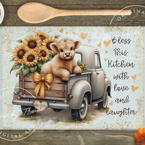 May include: A decorative kitchen cutting board featuring a light gray vintage truck carrying sunflowers and a fluffy calf. The truck bed has a wooden design with a gold bow. Text reads "Bless this Kitchen with love and laughter."