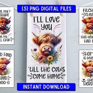 Five (5) BUNDLE DEAL Cute Funny Highland Cow Kitchen Towel Apron Sublimation - Graphic Designs - Instant PNG Digital Download