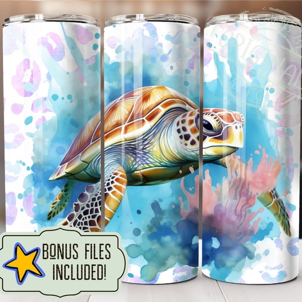 Watercolor Sea Turtle Ocean Pastel Leopard 20 oz Skinny Tumbler Wrap, Sublimation Design, Instant Digital Download PNG, Art Deco